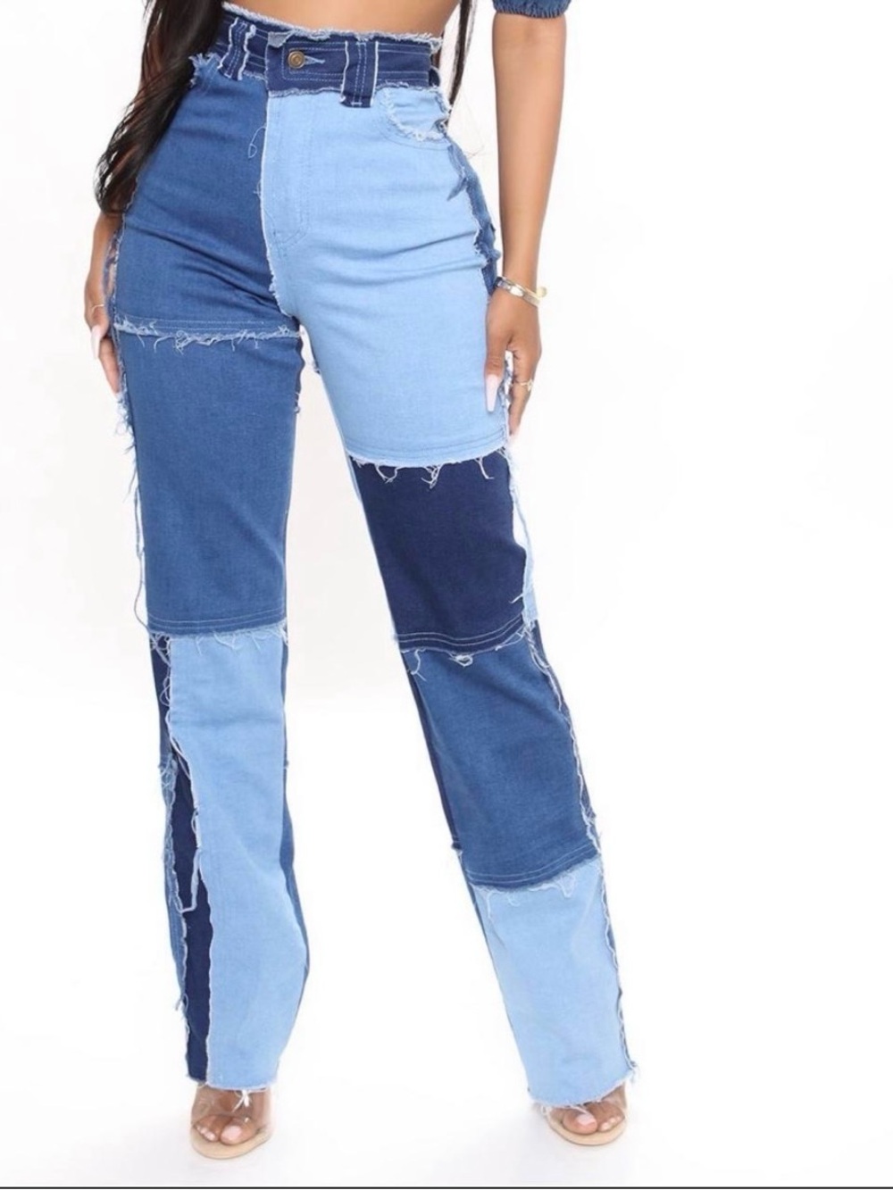 FASHIONNOVA Patchwork Two-Tone Blue High-Waist Women's Jeans